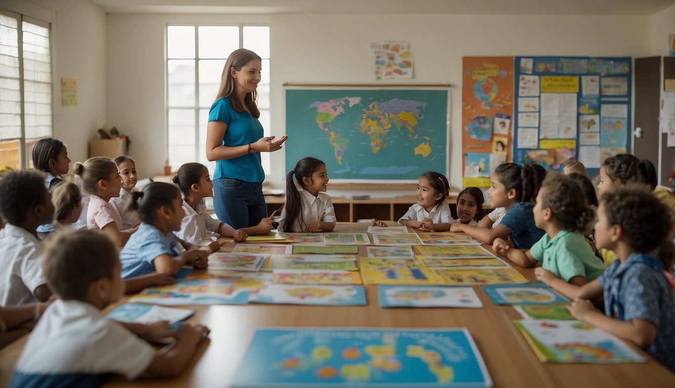 A classroom with colorful posters and children's artwork, a teacher presenting a lesson on Tiradentes using interactive activities and visual aids