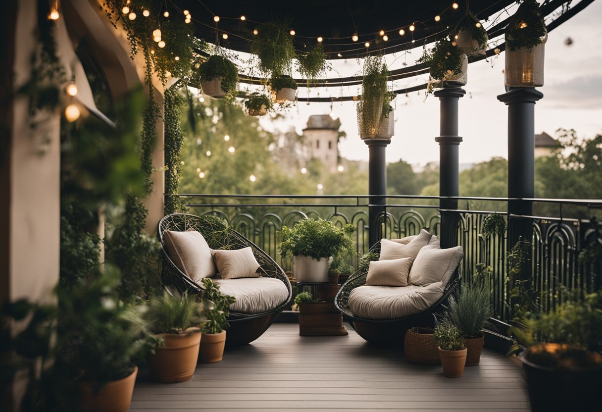 A round balcony with intricate railings overlooks a lush garden. A cozy seating area with plush cushions invites relaxation. The balcony is adorned with hanging plants and twinkling string lights