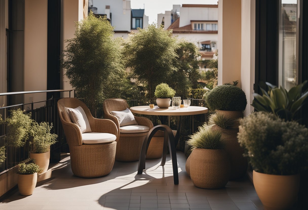 A cozy, stylish round balcony with plush seating, potted plants, and soft lighting