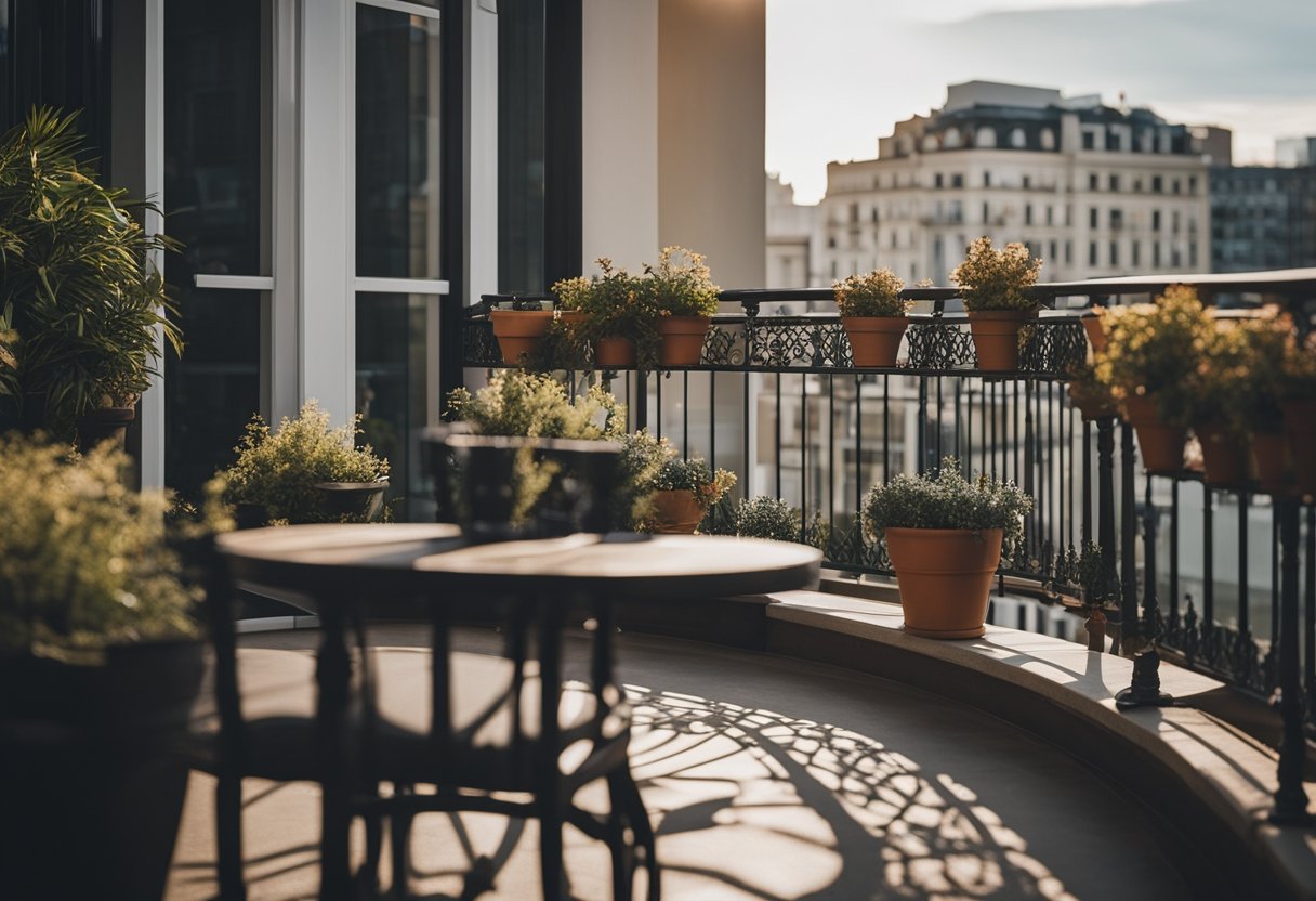 A round balcony with intricate railings, potted plants, and cozy seating area overlooks a bustling cityscape