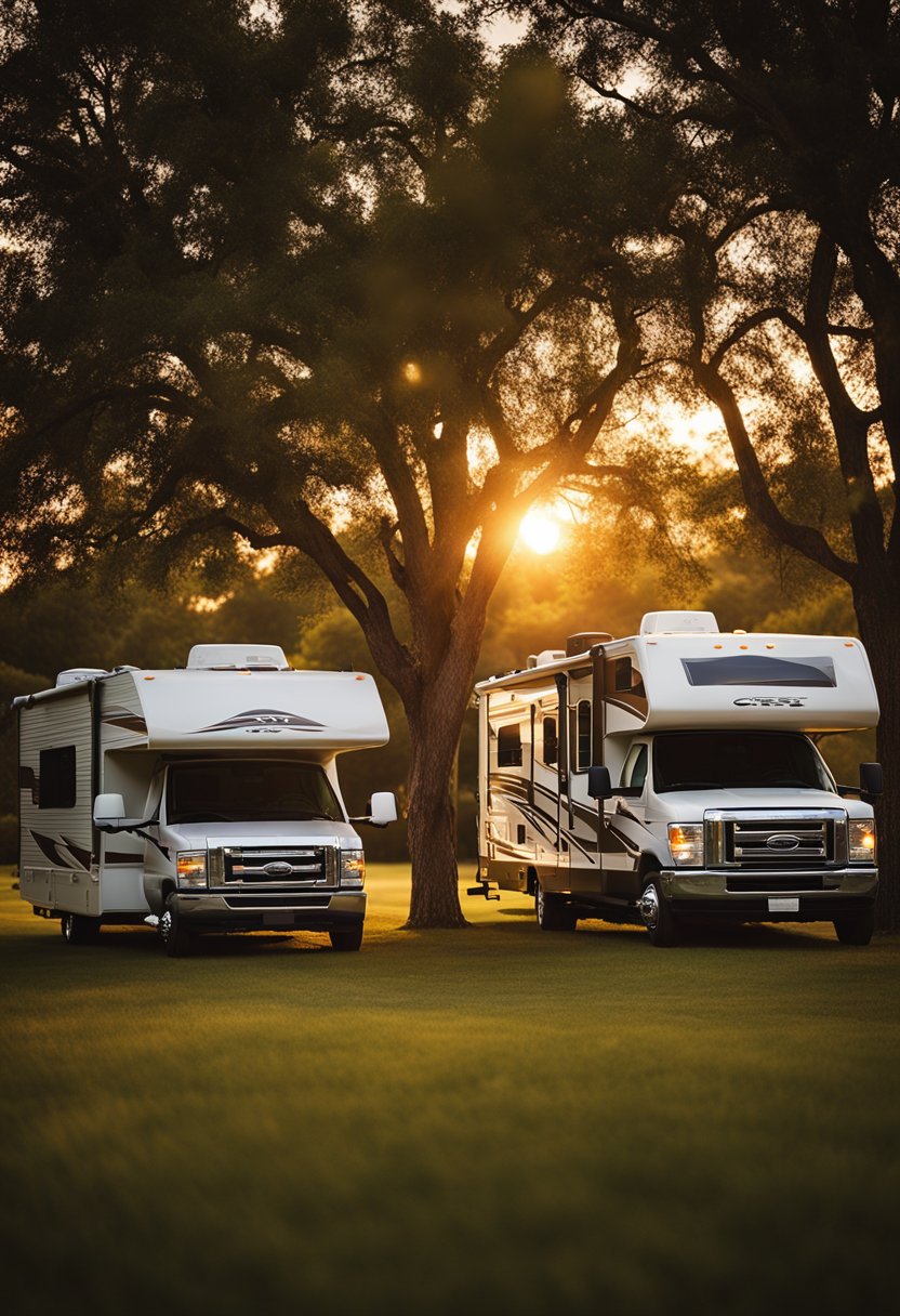 The sun sets behind rows of RVs at Flat Creek Farms RV Resort near Waco, casting a warm glow over the peaceful campground. Tall trees sway gently in the breeze, and the sound of chirping birds fills the air