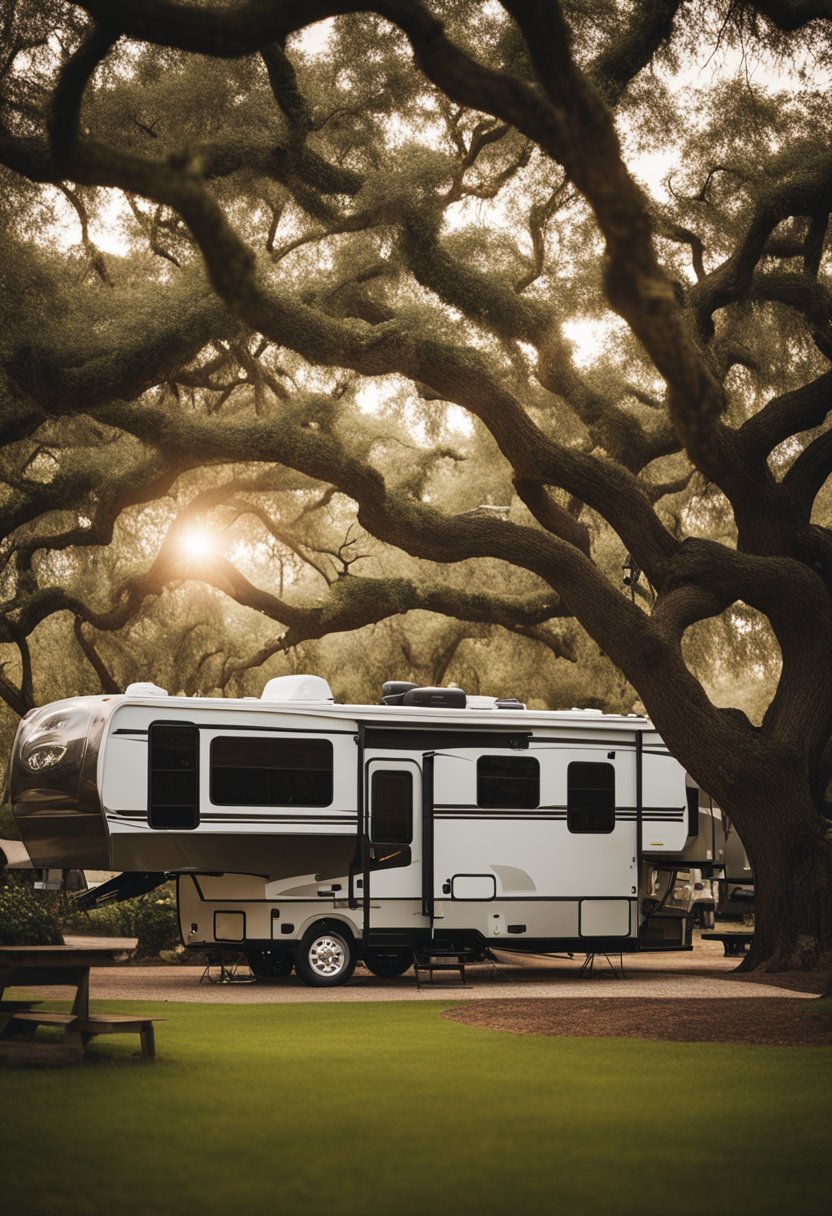 A peaceful RV resort nestled among towering magnolia trees near Waco, with spacious camping sites and modern amenities