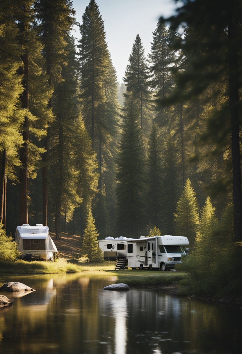 A serene campground with RVs nestled among tall trees and a tranquil river flowing nearby