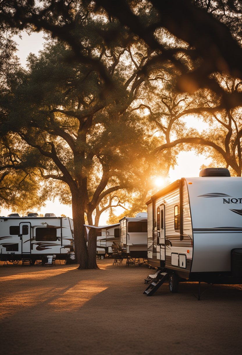 The sun sets behind the rows of RVs at North Crest RV Park near Waco, casting a warm glow over the campsite. Tall trees provide shade and a sense of tranquility, while families gather around campfires for a cozy evening