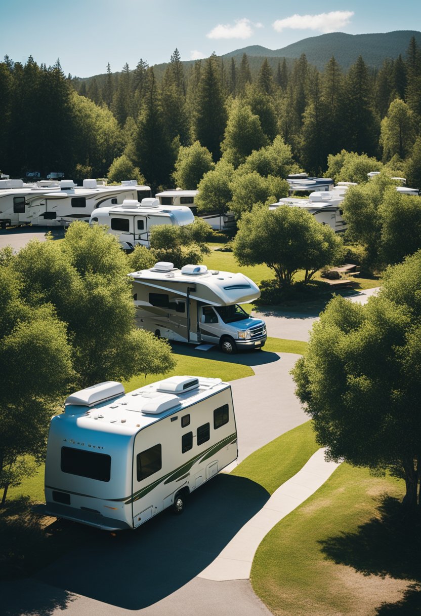 A serene RV park with lush greenery and spacious camping sites. The clear blue sky and peaceful surroundings create a tranquil atmosphere