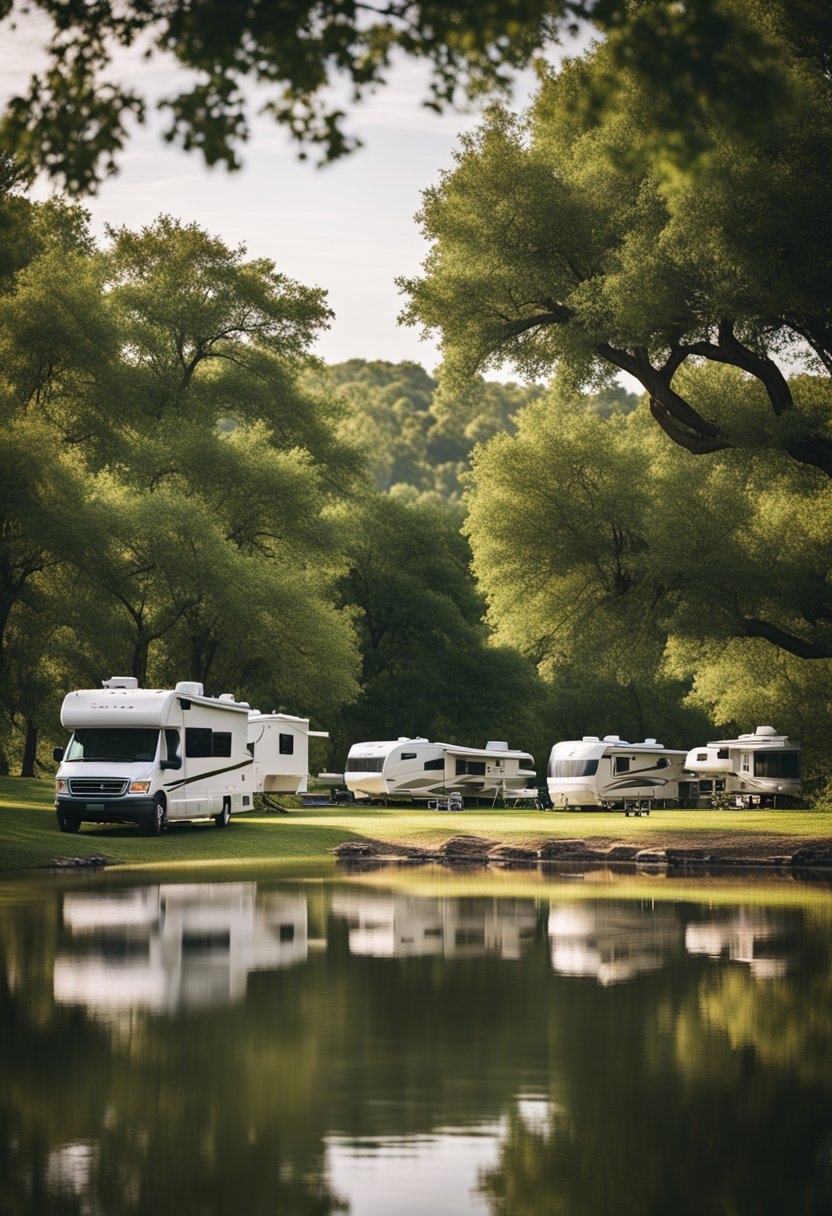 A serene RV park nestled by Waco Lake, with lush greenery, spacious camping spots, and a tranquil atmosphere