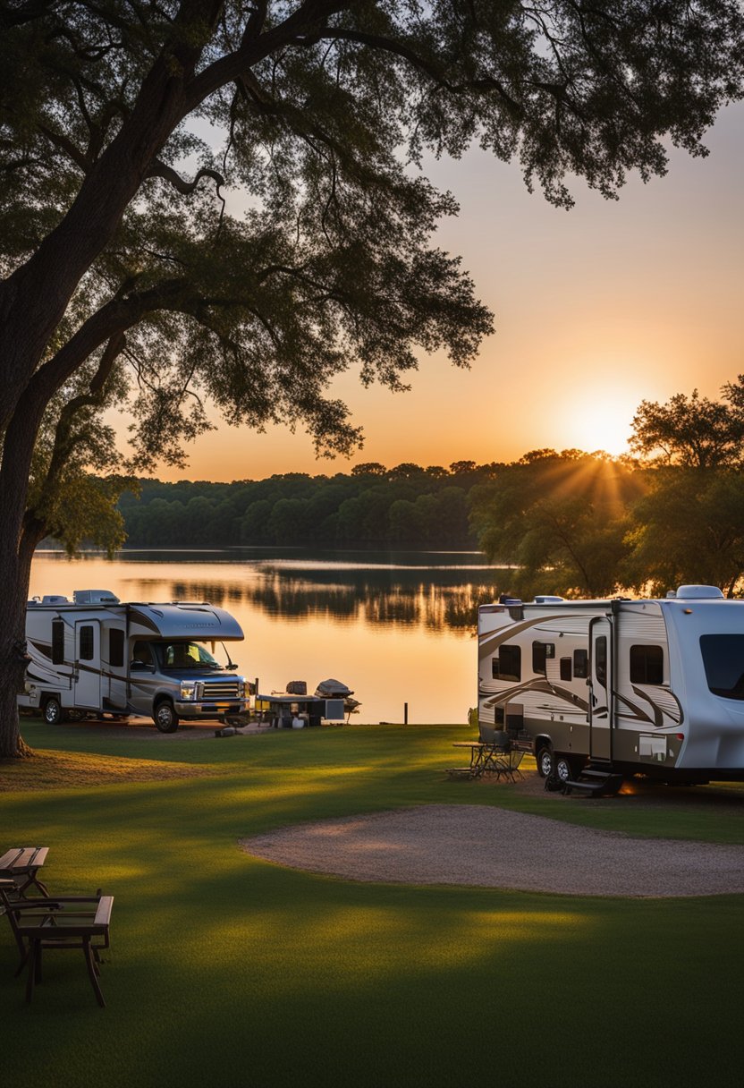 The sun sets over Lake Waco Marina, casting a warm glow on the RV sites nestled among the trees, with campers settling in for a peaceful evening