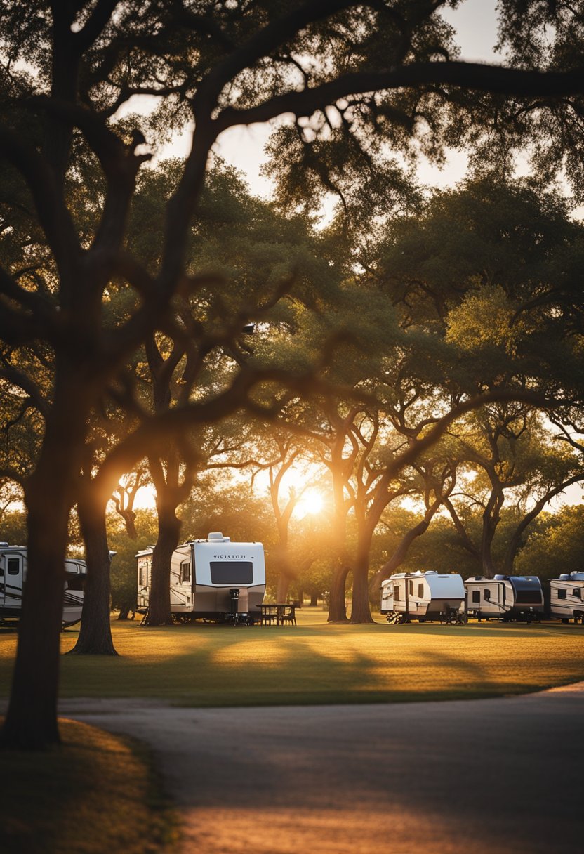 A serene RV park with cabins nestled among tall post oak trees near Waco, Texas. The sun sets behind the lush greenery, casting a warm glow over the tranquil campground