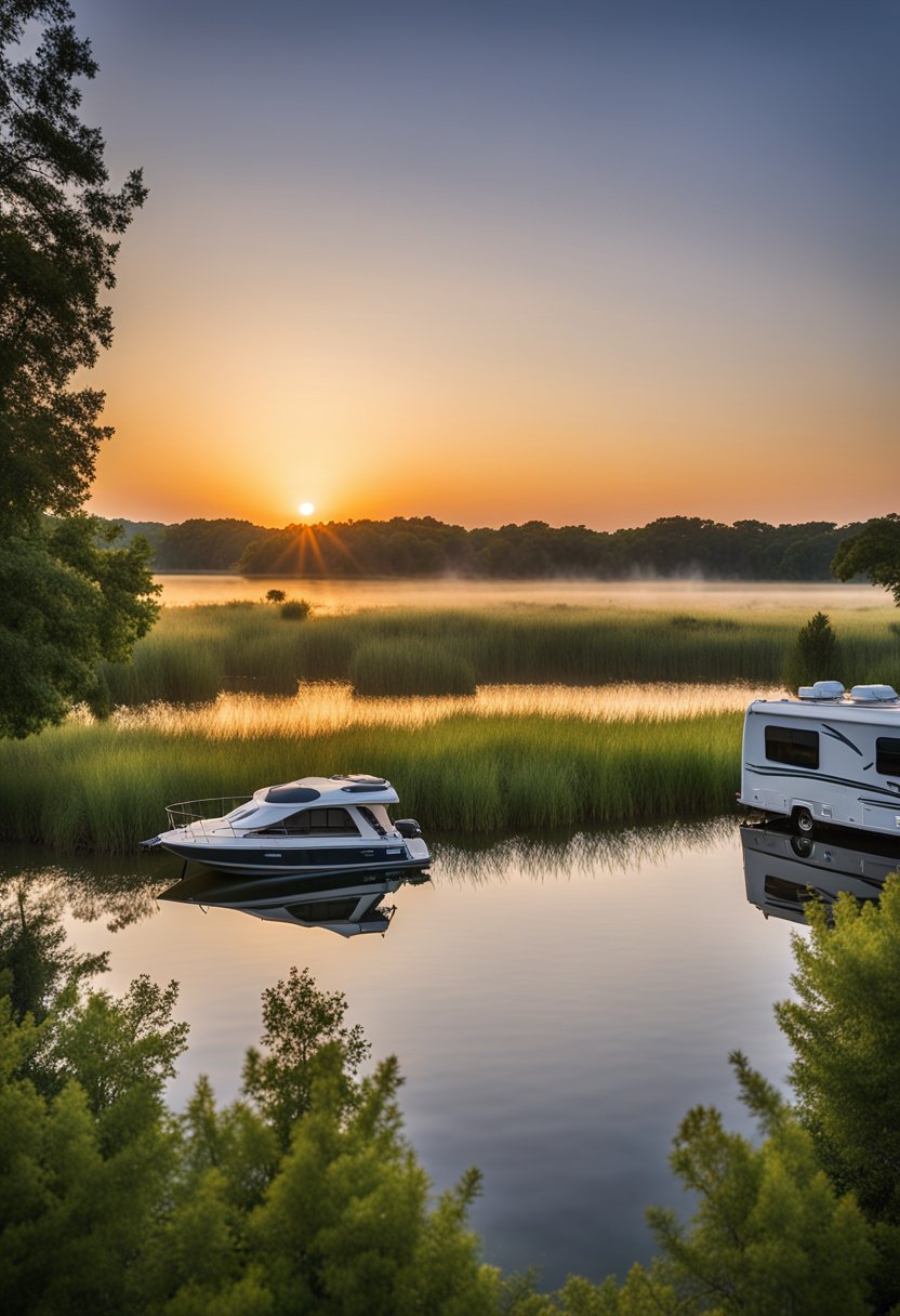 A serene lake surrounded by lush greenery, with RVs parked at the Corps of Engineer Parks near Waco. The sun sets in the distance, casting a warm glow over the tranquil scene