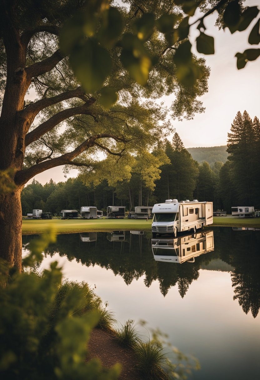 A serene RV resort nestled among lush trees, with spacious campsites and modern amenities. Nearby, a tranquil lake reflects the setting sun