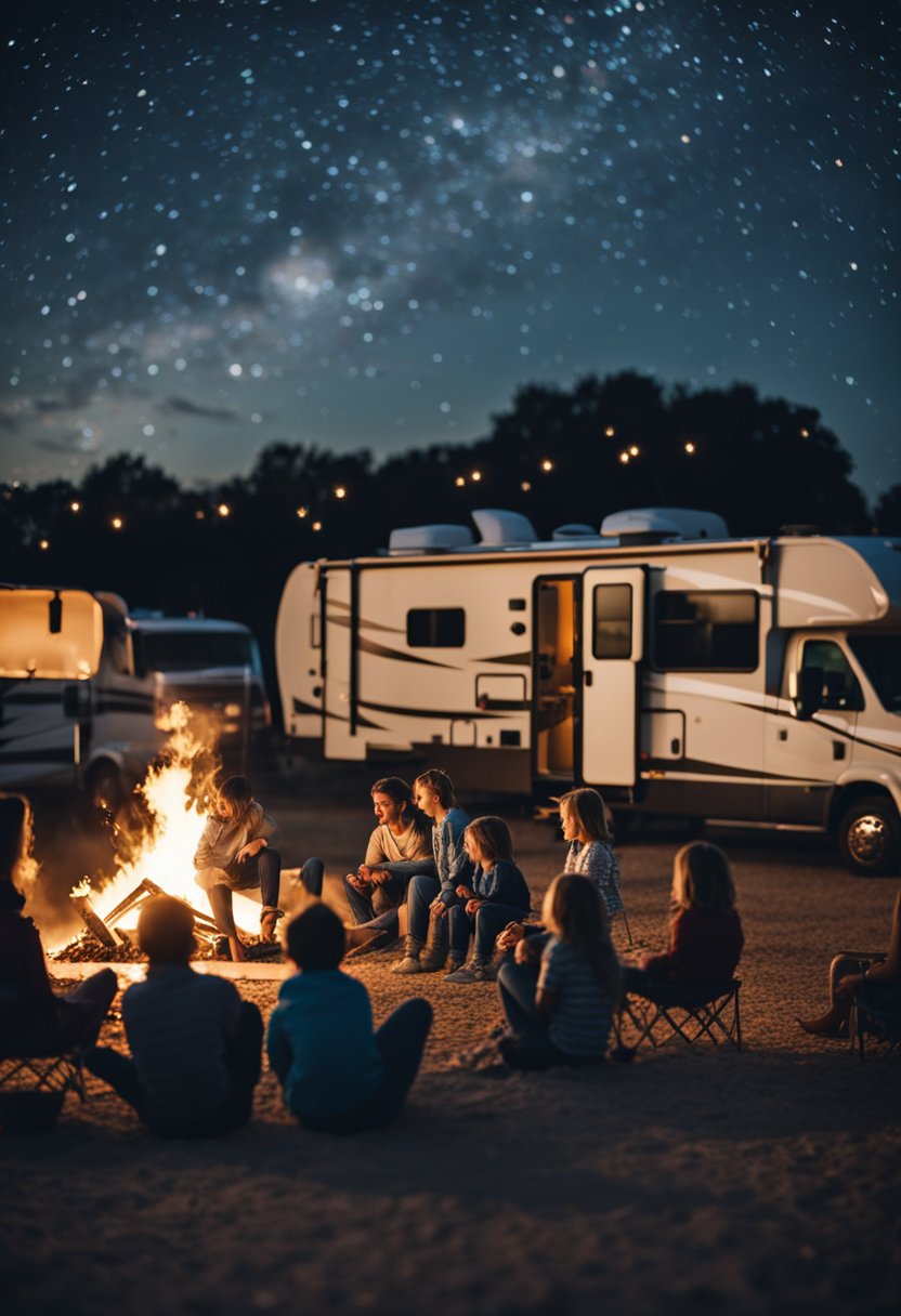 Families gather around crackling campfires at a spacious RV resort near Waco. Children play games while adults relax and socialize under the starry night sky