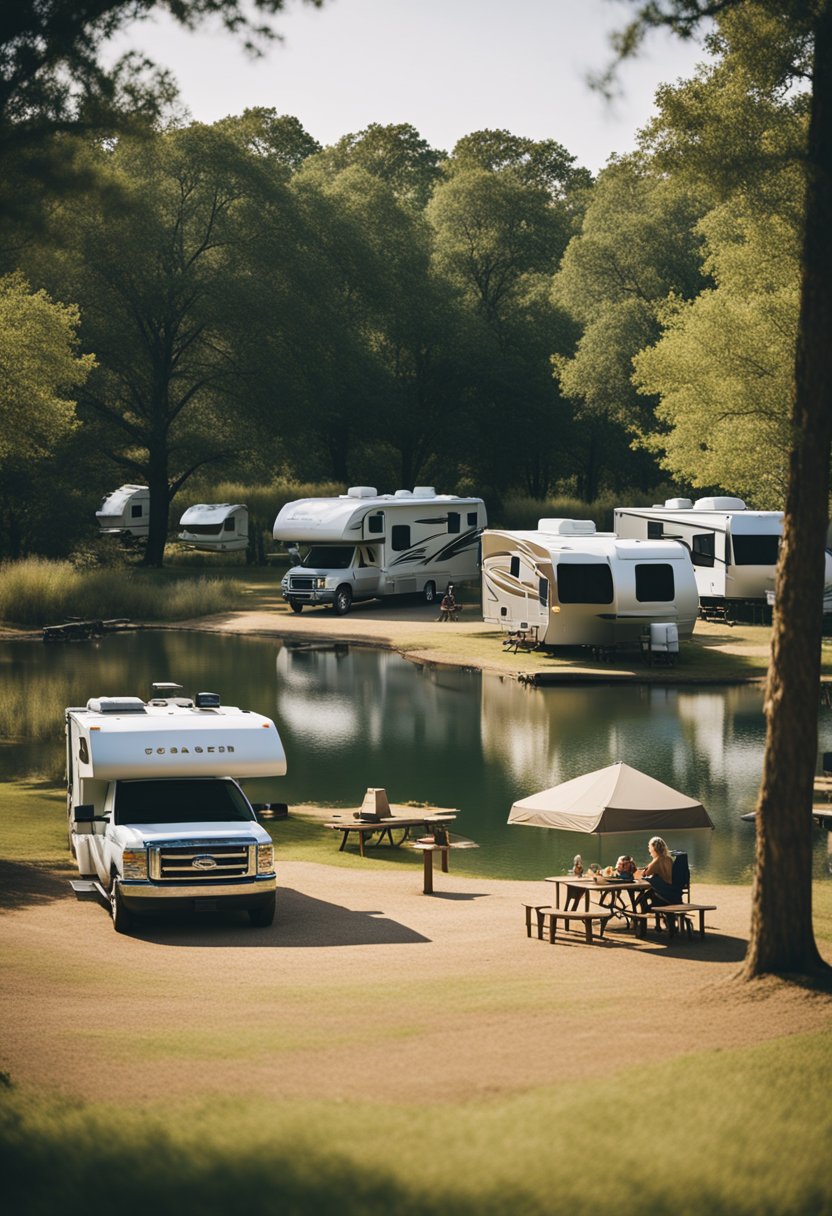 A serene campground nestled in the woods near Waco, with RVs parked under the shade of tall trees, a tranquil lake in the background, and families enjoying outdoor activities