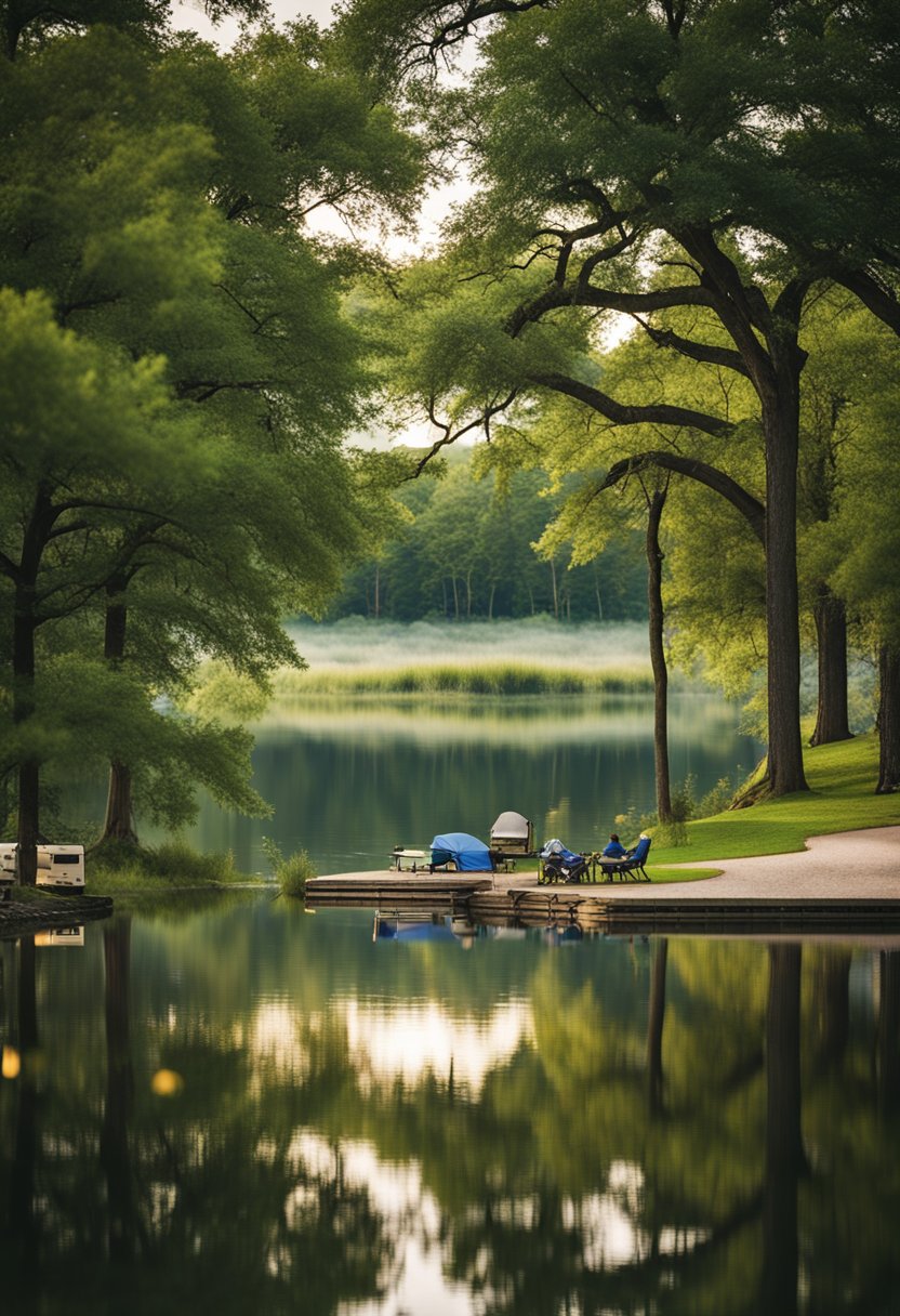 A serene lake surrounded by lush green trees and spacious RV camping sites near Waco, with families enjoying outdoor activities and relaxing by the campfire