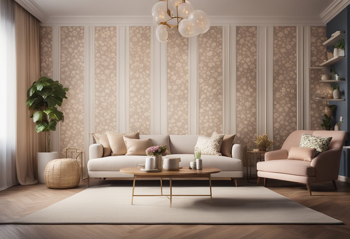 A cozy living room with elegant wallpaper designs featuring floral patterns and soft colors, adding a touch of warmth and sophistication to the space