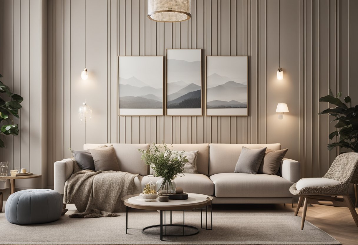A cozy living room with a neutral color scheme. A large, patterned wallpaper with a contemporary design adorns the main wall, adding a touch of elegance to the space