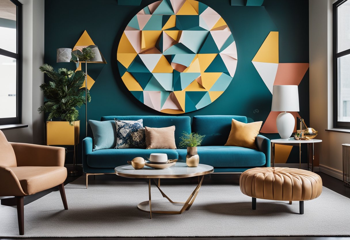 A modern living room with bold, geometric wallpaper in vibrant colors, complemented by sleek furniture and minimalistic decor
