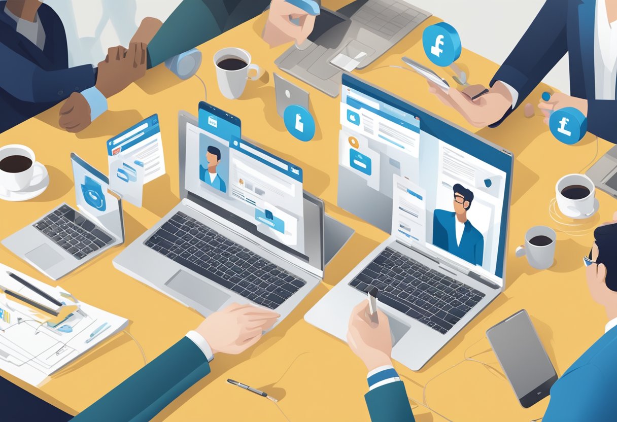 A diverse group of professionals engaging with targeted LinkedIn ads on various devices in different work settings