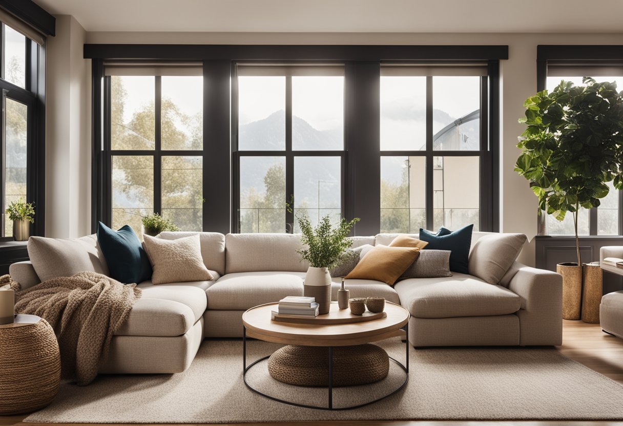 A cozy 10 x 12 living room with a plush sofa, coffee table, and soft rug. Large windows let in natural light, and a warm color scheme creates a welcoming atmosphere