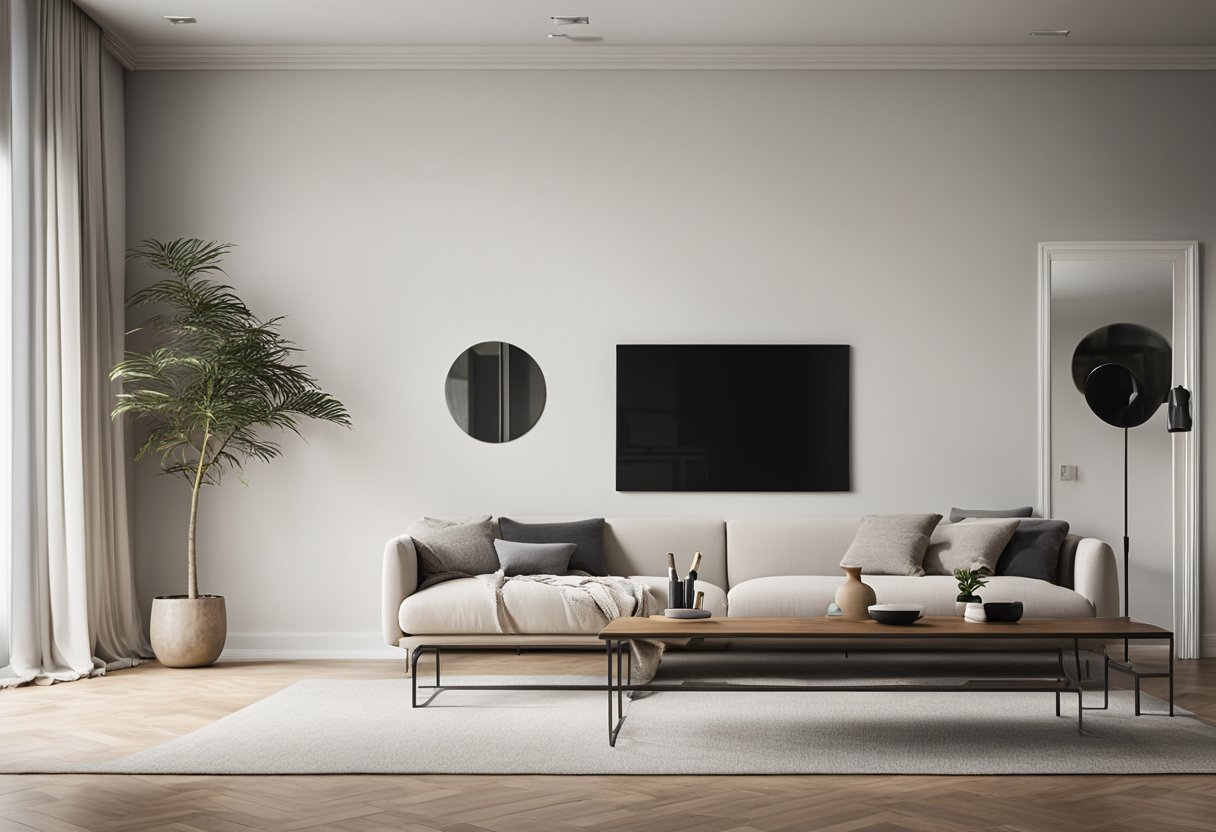 A 10x12 living room with a minimalist design, featuring a sleek sofa against one wall, a compact coffee table, and a wall-mounted TV. The room is bright with natural light, and a strategically placed mirror creates the illusion of more space