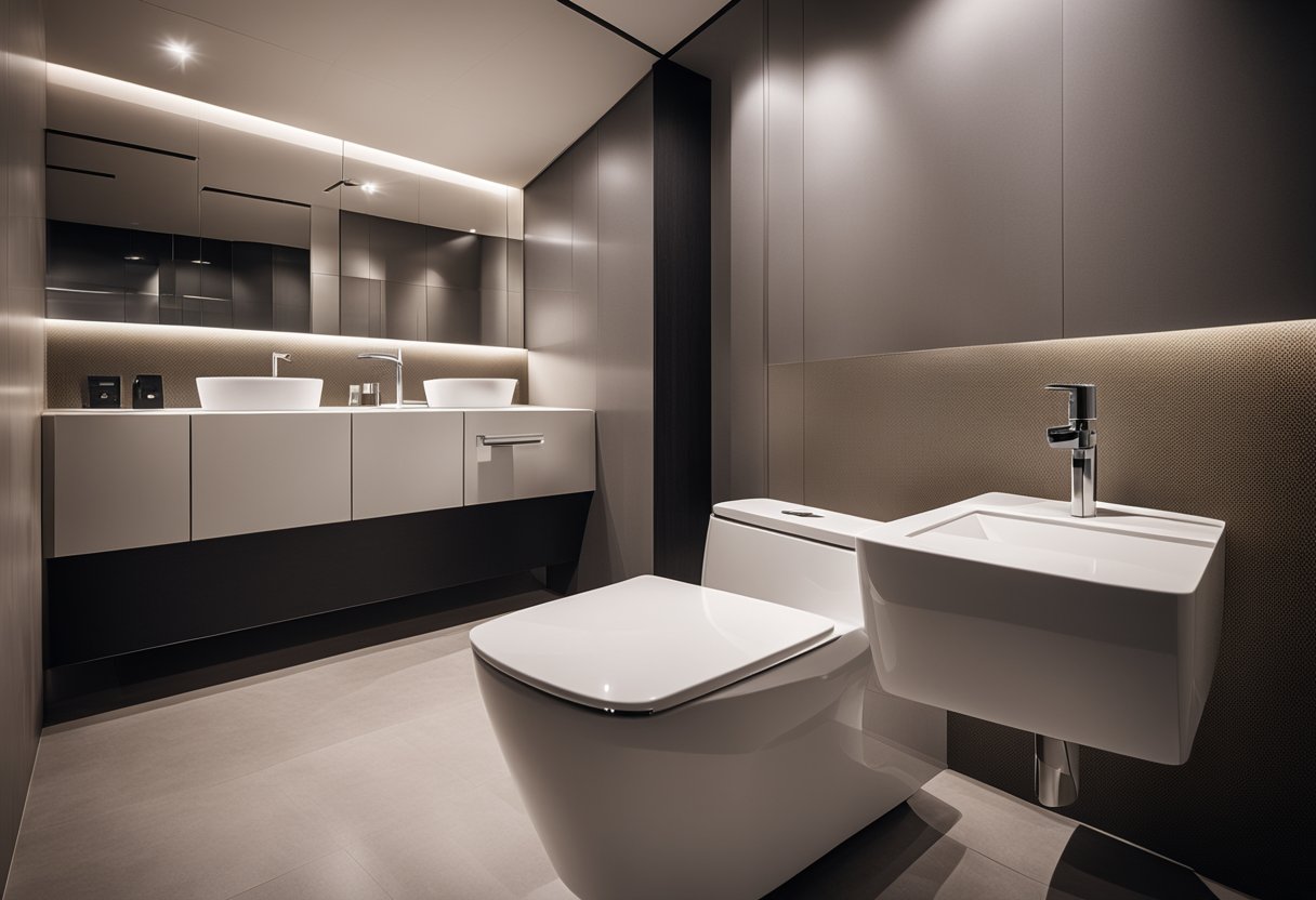 A modern, sleek toilet with futuristic features and a unique design, surrounded by contemporary fixtures and minimalist decor