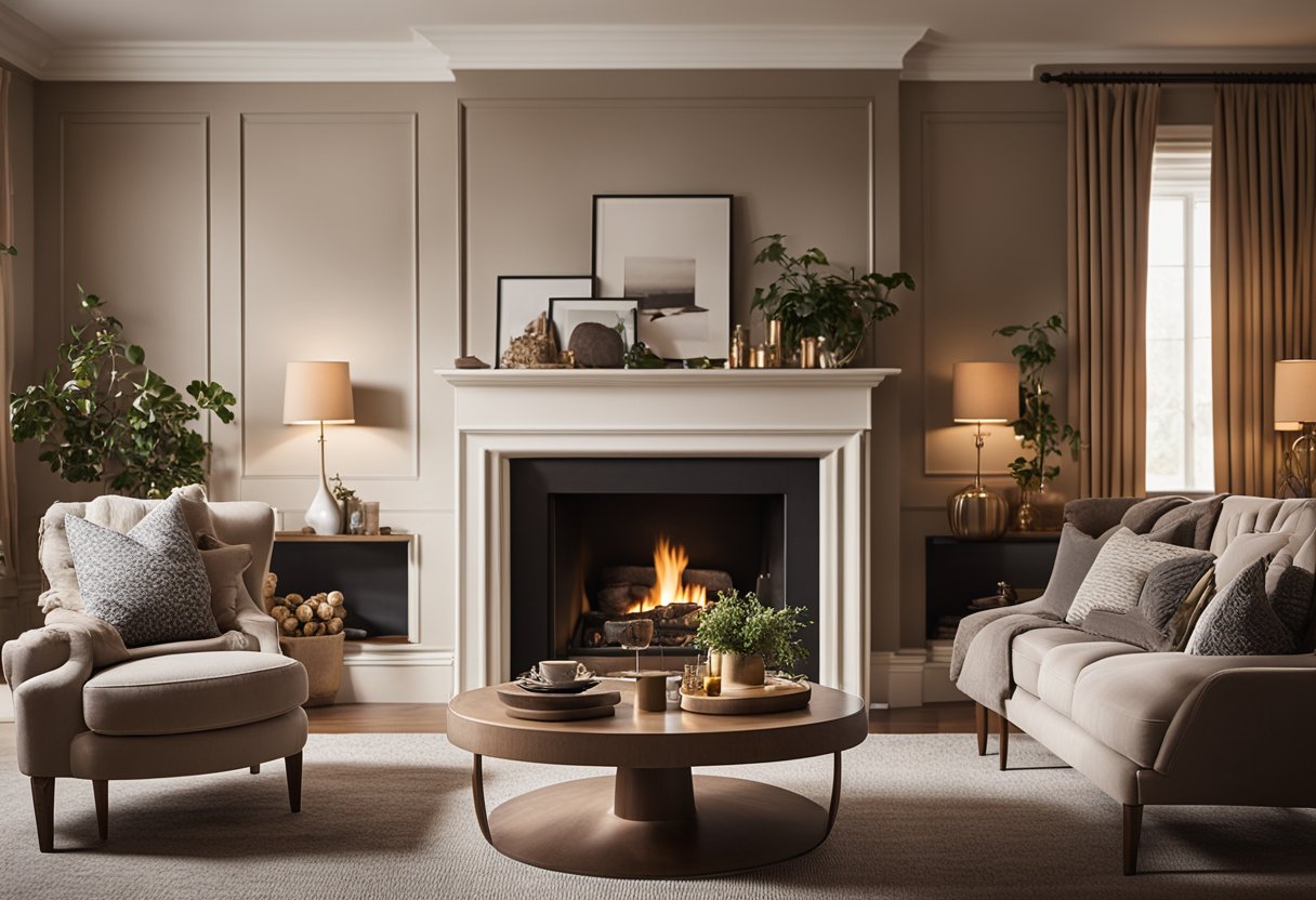 A cozy 10 x 12 living room with a plush sofa, two armchairs, a coffee table, and a fireplace. Soft lighting and warm colors create a welcoming atmosphere for entertaining and conversation