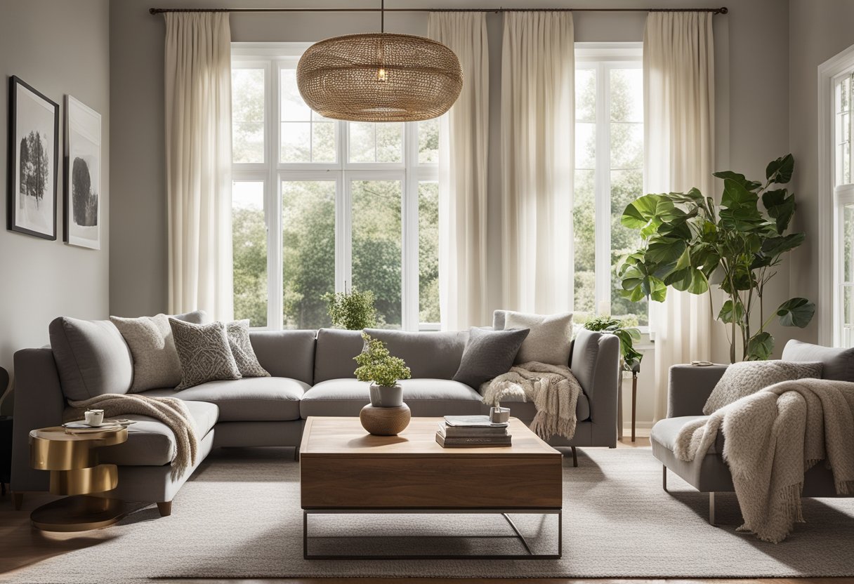 A cozy 10 x 12 living room with a plush sofa, coffee table, and soft area rug. Large windows let in natural light, and the walls are adorned with artwork