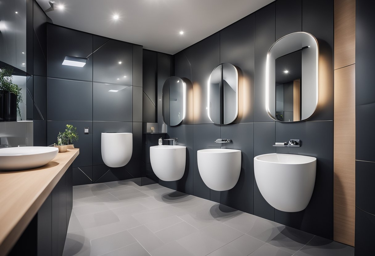 A modern bathroom with sleek, futuristic toilets in various shapes and colors. The designs are innovative and eye-catching, with unique features and functionality