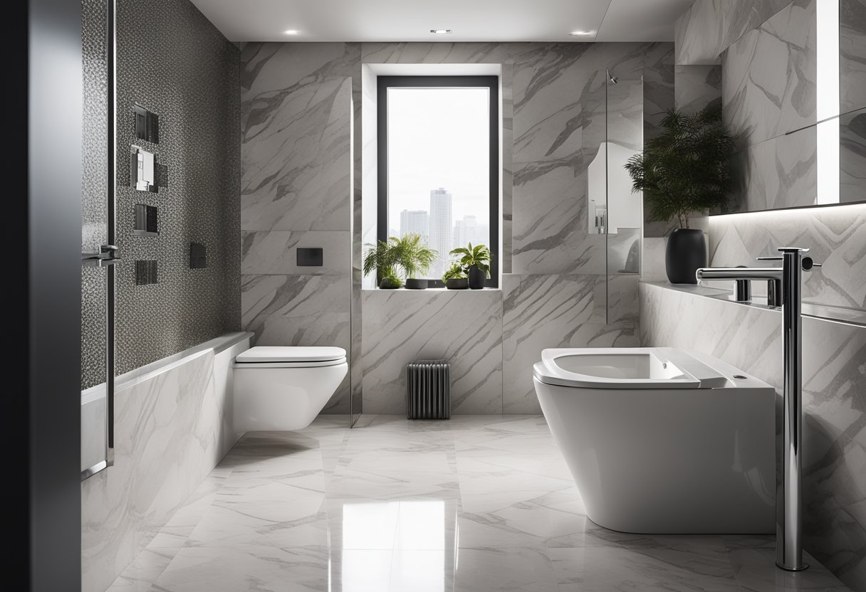 A sleek, modern toilet with a built-in bidet, surrounded by marble tiles and accented with chrome fixtures