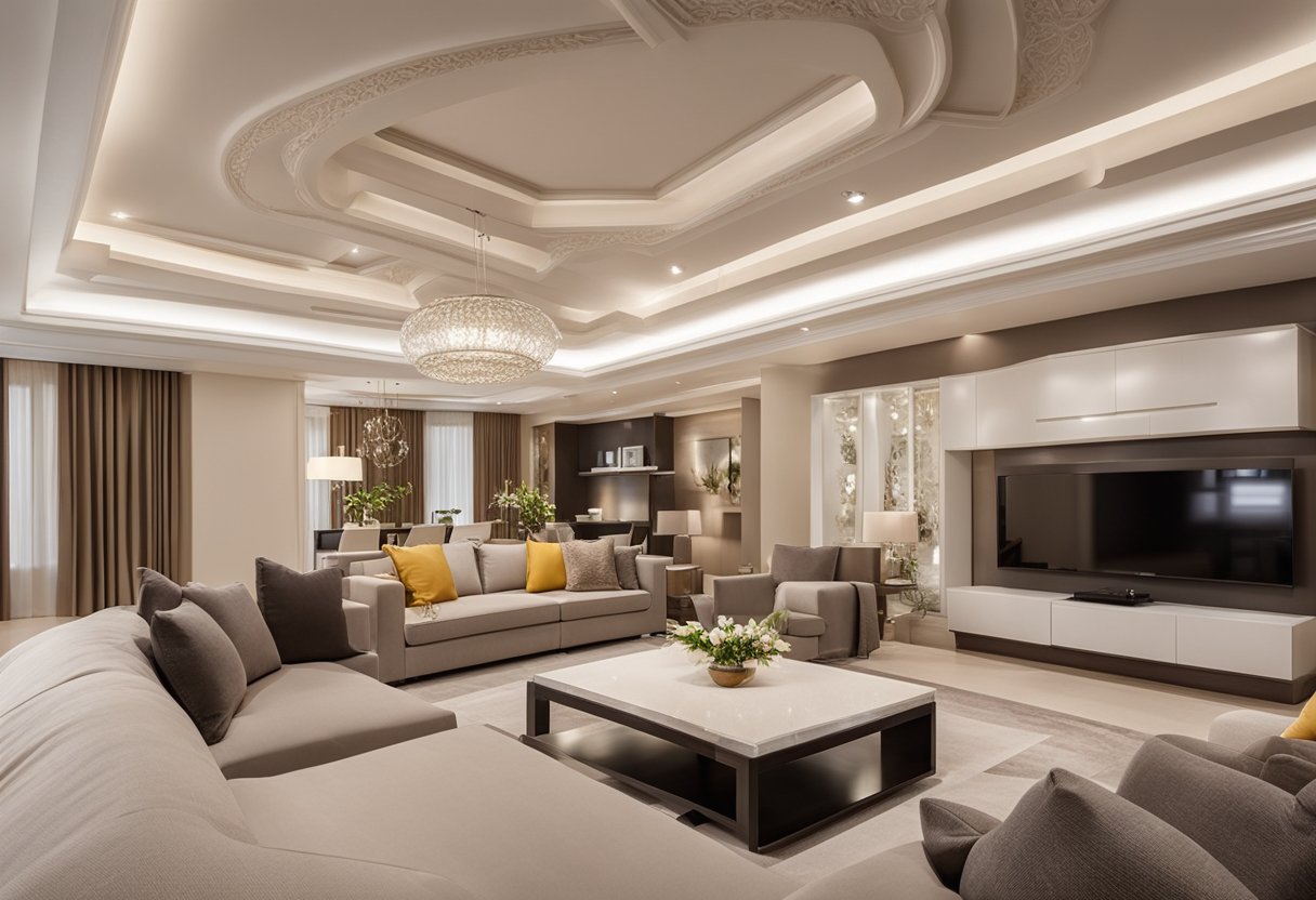 A spacious living room with intricate gypsum ceiling designs, featuring elegant patterns and decorative elements