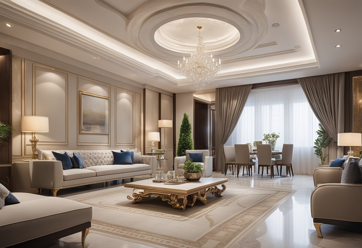 A spacious living room with intricate gypsum ceiling designs, featuring elegant patterns and delicate details, creating a luxurious and visually appealing atmosphere