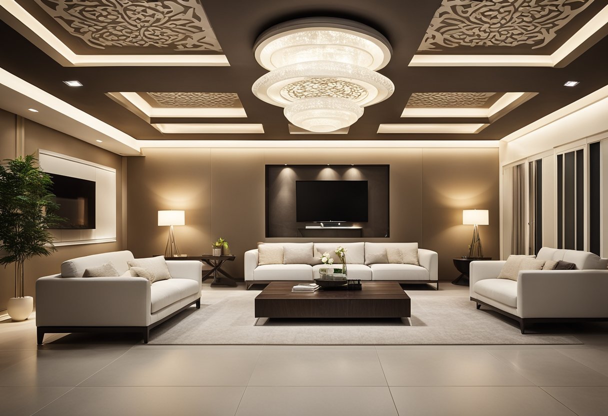A spacious living room with a modern gypsum ceiling design, featuring intricate patterns and recessed lighting