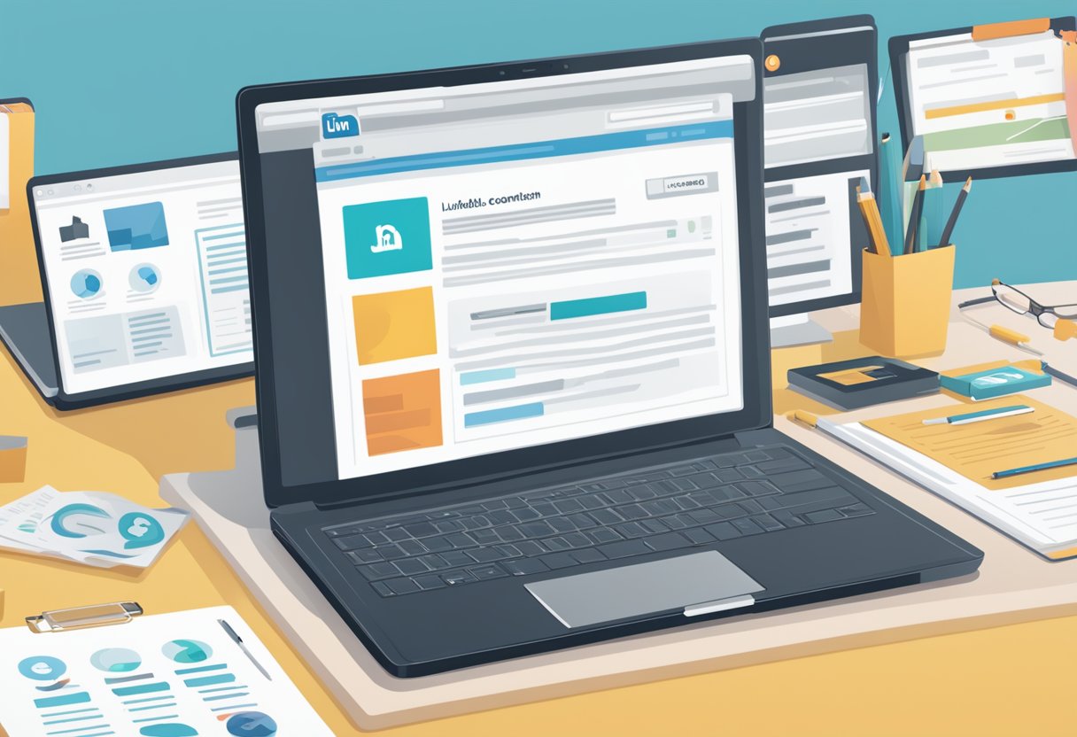 A laptop displaying a LinkedIn ad with engaging copy and visuals, surrounded by marketing materials and a checklist of ad compliance and best practices