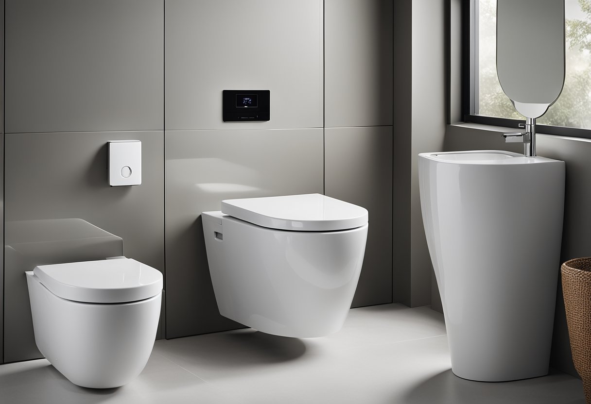 A sleek, modern toilet with clean lines and minimalist design, featuring a wall-mounted tank and a bidet attachment