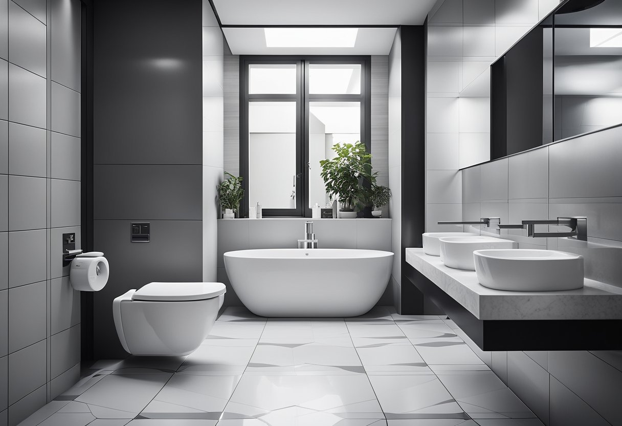 A modern French toilet design with clean lines and minimalist elements. White and grey color scheme with sleek fixtures and geometric patterns