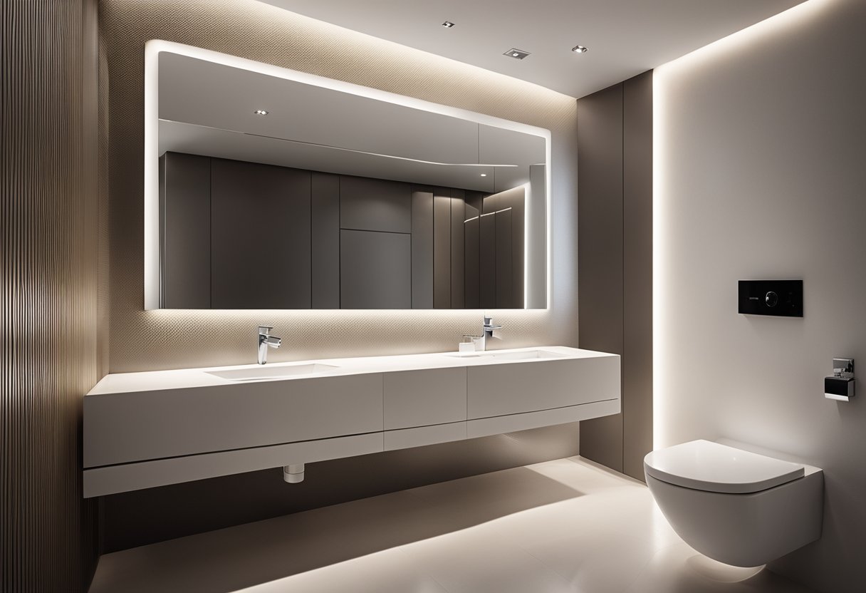 A modern French toilet with sleek, minimalist design, featuring a wall-mounted toilet, a bidet, and a stylish sink with chrome fixtures