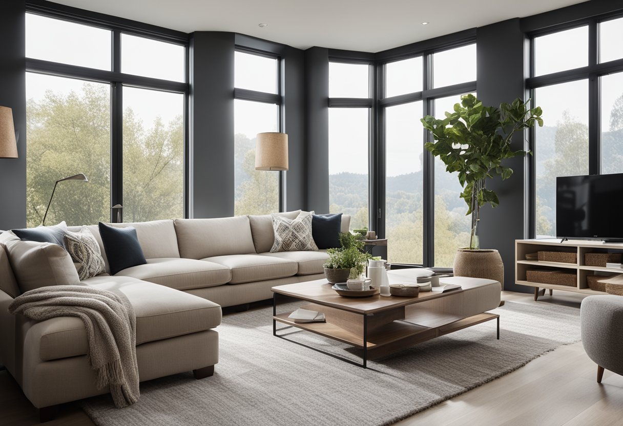 A modern 8 x 10 living room with sleek furniture, a neutral color palette, and large windows allowing natural light to flood the space. The room features professional design elements and a cozy, inviting atmosphere