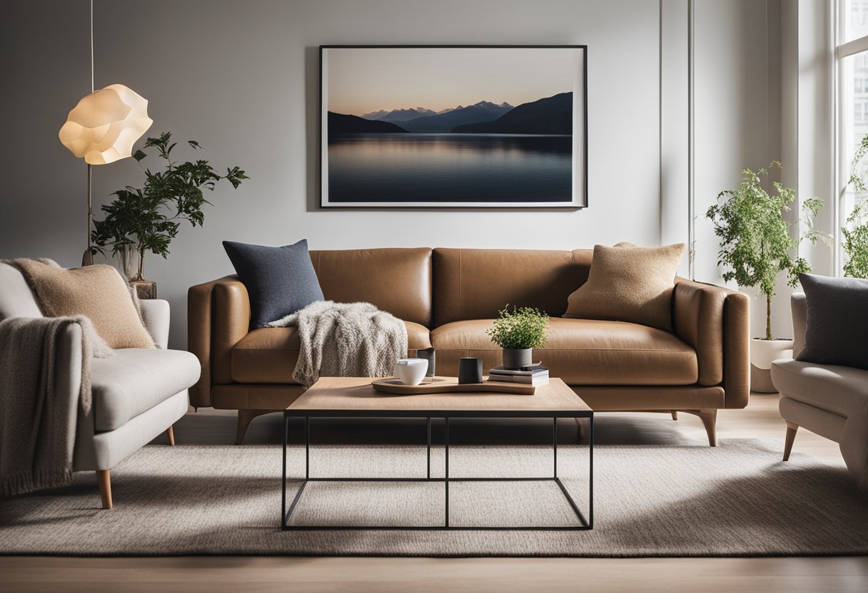 A cozy 8 x 10 living room with a comfortable sofa, coffee table, and soft rug. A large window lets in natural light, and the walls are adorned with framed artwork