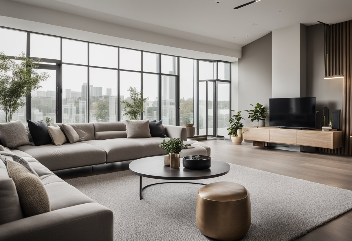 A modern living room with sleek furniture, neutral tones, and minimalist decor. Large windows let in natural light, and a statement piece of artwork hangs on the wall