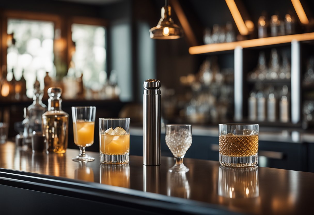 A sleek, modern bar counter sits against a backdrop of warm, cozy living room decor. The counter is adorned with stylish glassware, a cocktail shaker, and a variety of spirits
