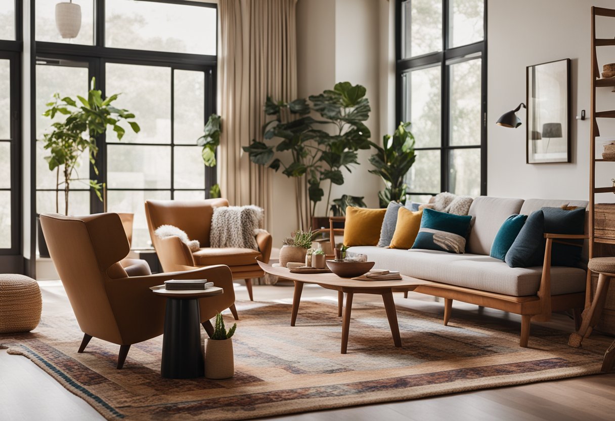 A cozy living room with mid-century modern furniture, bohemian rugs, and a minimalist color palette. Large windows let in natural light, highlighting the eclectic mix of decor