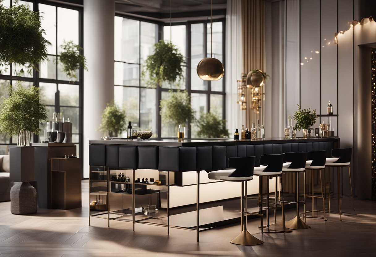 A sleek bar counter with modern accessories and stylish decor, set against a backdrop of a chic living room