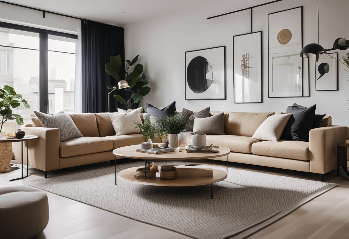 A cozy living room with modern furniture, clean lines, and neutral colors. A large, comfortable sofa sits in the center, surrounded by minimalist decor and plenty of natural light