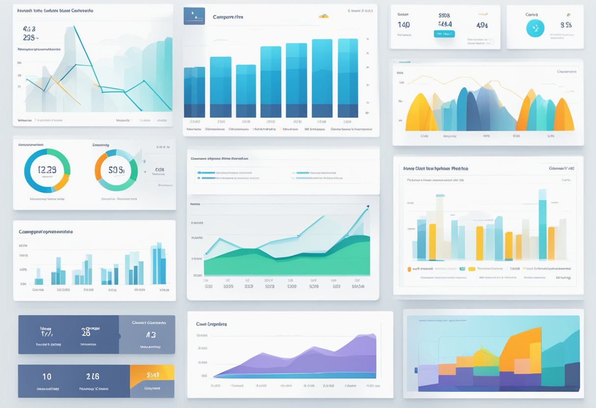 A series of data charts and graphs showing campaign performance metrics, alongside a dashboard displaying key analytics for LinkedIn advertising