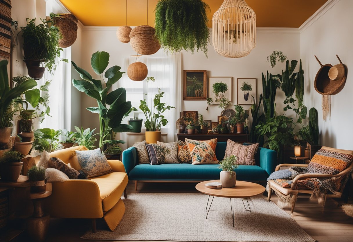 A cozy living room with eclectic furniture, vibrant colors, and patterned textiles. Plants hang from the ceiling, and a mix of vintage and modern decor creates a bohemian atmosphere