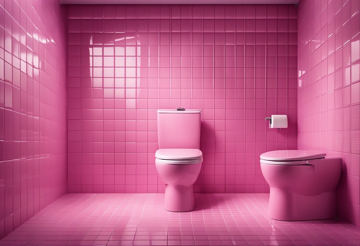 A pink toilet with sleek, modern design, surrounded by white tiles and soft lighting