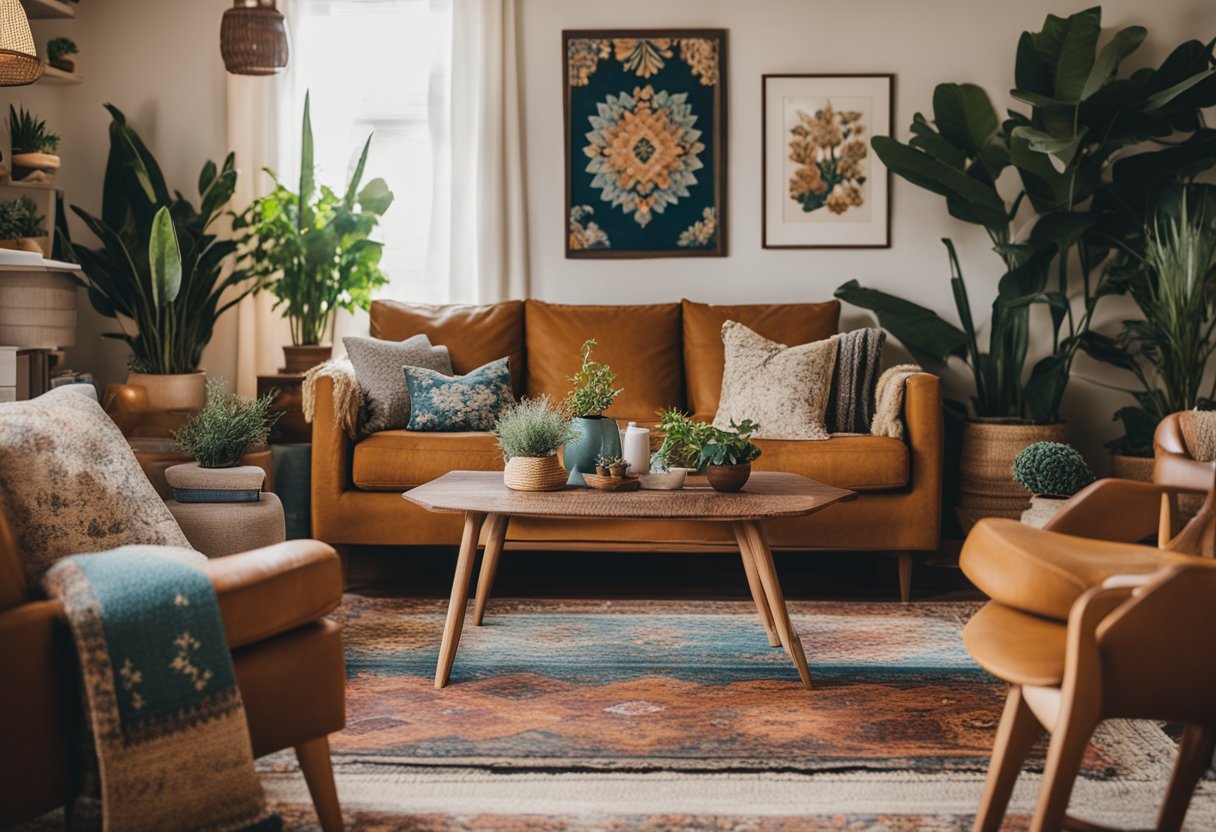 A cozy living room with eclectic furniture, vibrant colors, and layered textiles. Plants, vintage rugs, and artistic decor create a relaxed, bohemian vibe