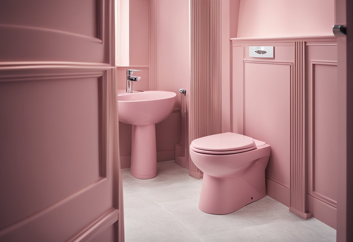 A pink toilet sits in a modern bathroom, surrounded by sleek silver fixtures and soft, pastel-colored walls