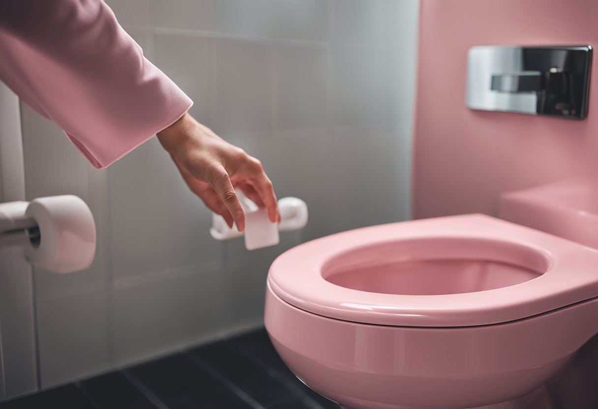 A hand reaches for a sleek, modern pink toilet in a spacious, well-lit bathroom