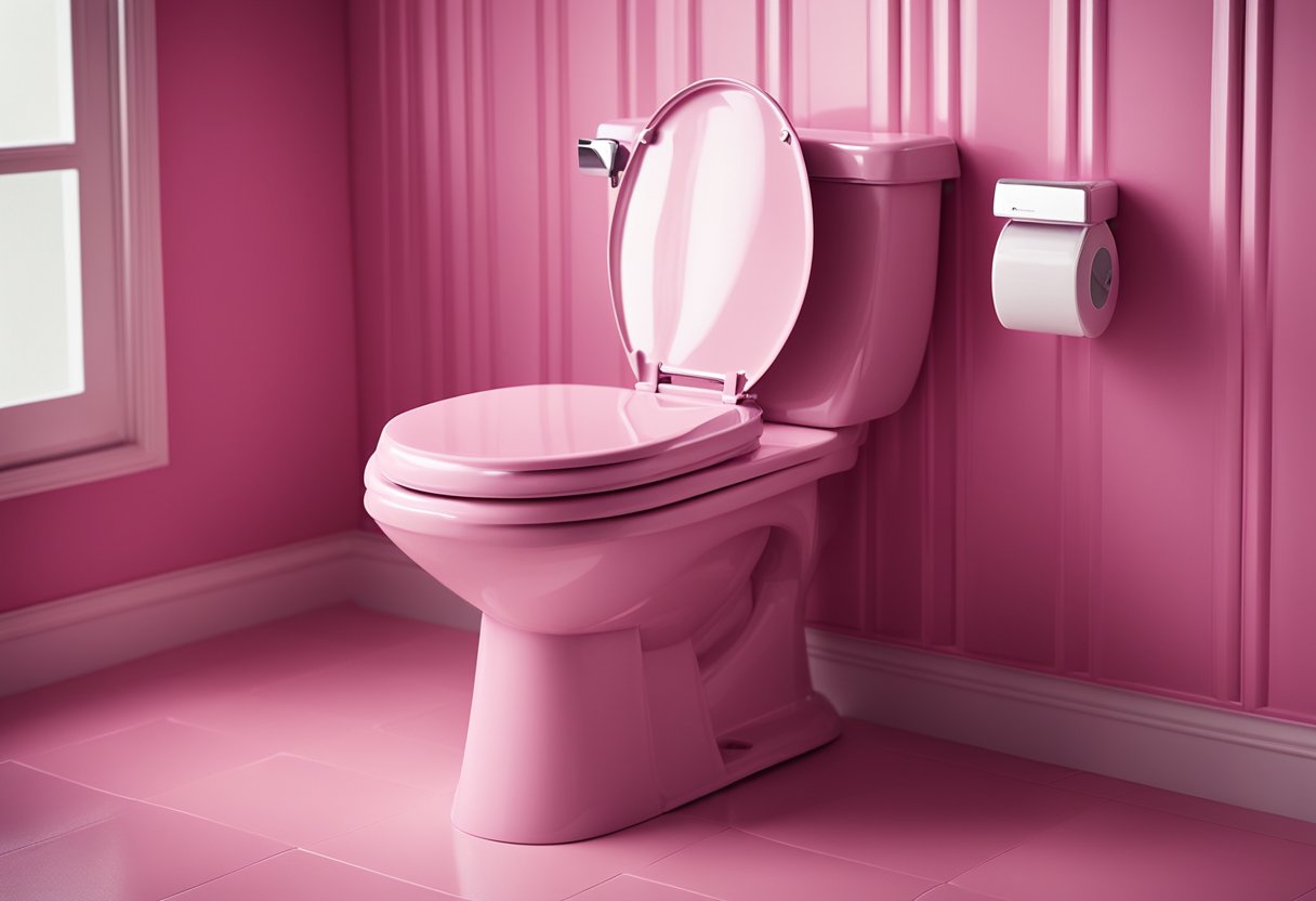 A pink toilet with "Frequently Asked Questions" pattern on the seat and lid