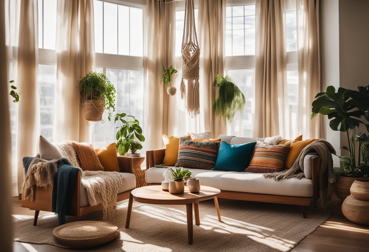 A cozy bohemian living room with colorful throw pillows, a low wooden coffee table, and hanging macramé plant holders. Sunlight filters through sheer curtains, casting a warm glow on the eclectic mix of furniture and decor